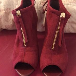Red suede peep toe booties size 8.5 wide width